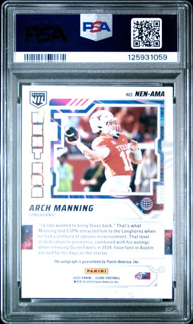 Graded 2025 Panini Score Arch Manning #NEN-AMA Next Era Auto Texas Longhorns Rookie RC Football Card PSA 9 Mint