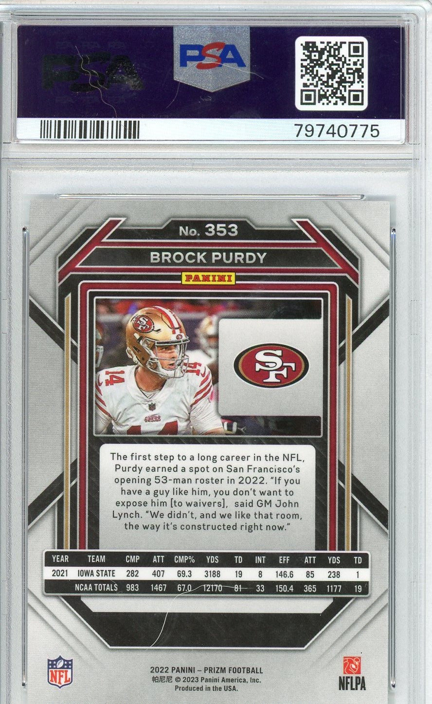 Graded 2022 Panini Prizm Brock Purdy #353 Rookie RC Football Card PSA 10 Gem Mint