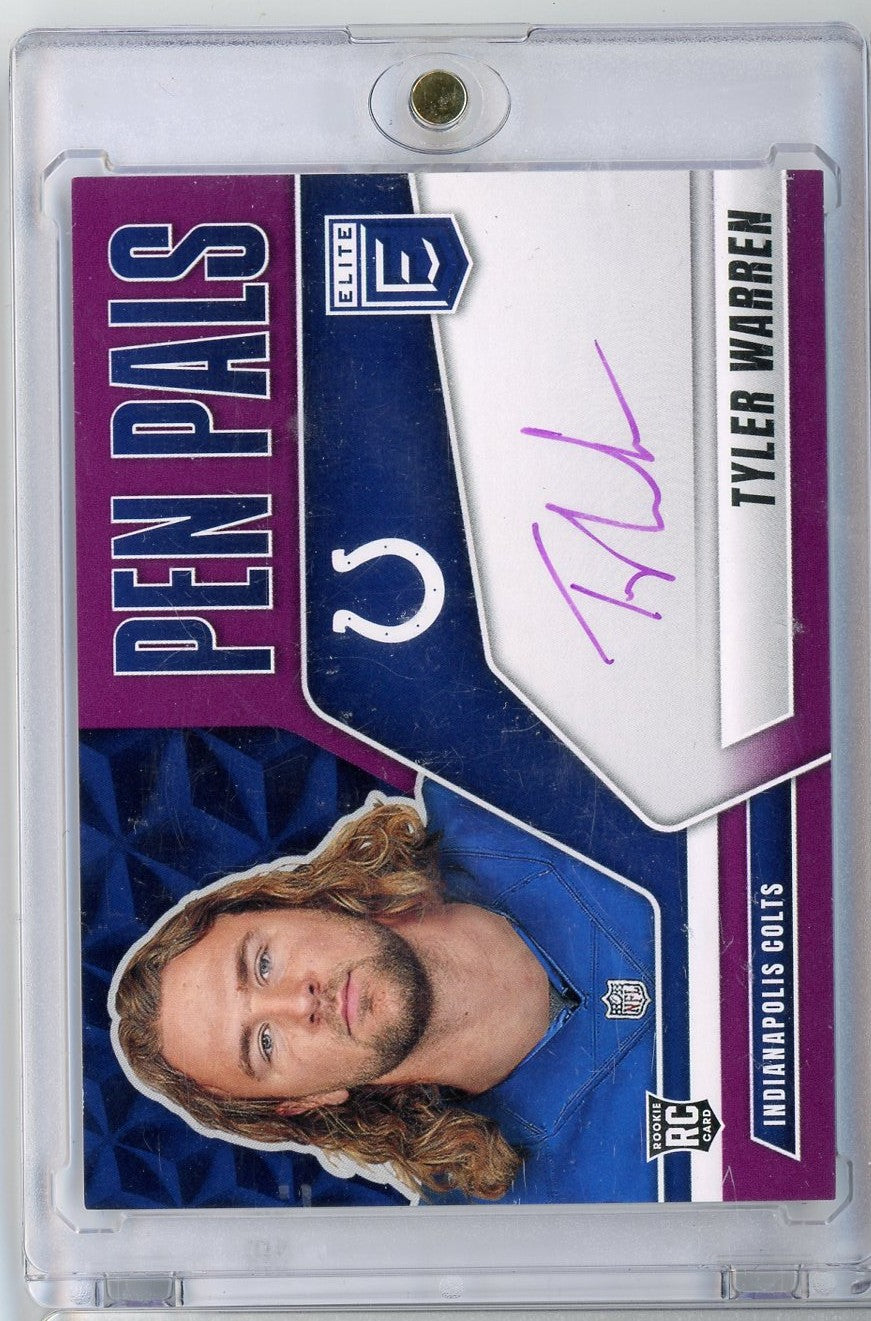 2025 Donruss Elite Pen Pals Purple Tyler Warren #PPTWA Purple Auto Rookie RC Football Card
